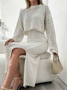 EURMUSE Solid Color Hollow Out Knitted Sweater And Split Hem Dress - White - View 5
