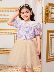 SHEIN 年轻女孩宽松休闲泡泡袖彼得潘领衬衫 - 紫色 - 查看 7