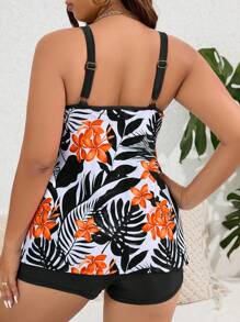 Swim Lushoire Summer Beach Plus Size Tropical Printed Cami Tank Top With Boxer Briefs Tankini Set - Multicolor - View 2