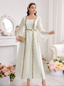 Al Najma Women's Bead Embellished Embroidery Square Neck Arabian Dress, Modest - Apricot - View 4