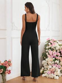 SHEIN Privé 女用蕾絲拼接百褶連身褲 - 黑色 - 查看 2