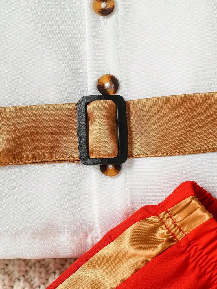 Newborn Baby Boy's Gentleman Style Outfit With Stand Collar Metal Contrast Color Tie Shirt & Shorts, Cute & Fashionable Party Style