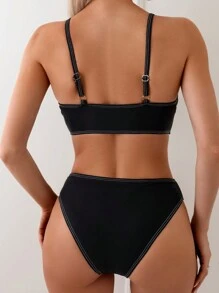 SHEIN Swim Women's See-Through Deep V-Neck Bikini Set With Spaghetti Straps Summer - Black - View 3