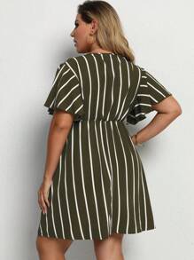 Calvaya 大尺碼女士條紋腰帶連身裙 - 橄欖綠 - 查看 2