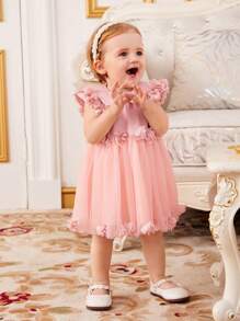 SHEIN 可爱的女婴无袖连衣裙，彼得潘领，撞色网布，3D花朵装饰 - 粉色 - 查看 6