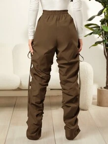 SHEIN SXY High Waist Drawstring Side Striped Pants - Coffee Brown - View 2