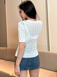 SHEIN Unity Blusa De Manga Corta De Cuello Redondo De Punto Para Mujer - Blanco - Ver 2
