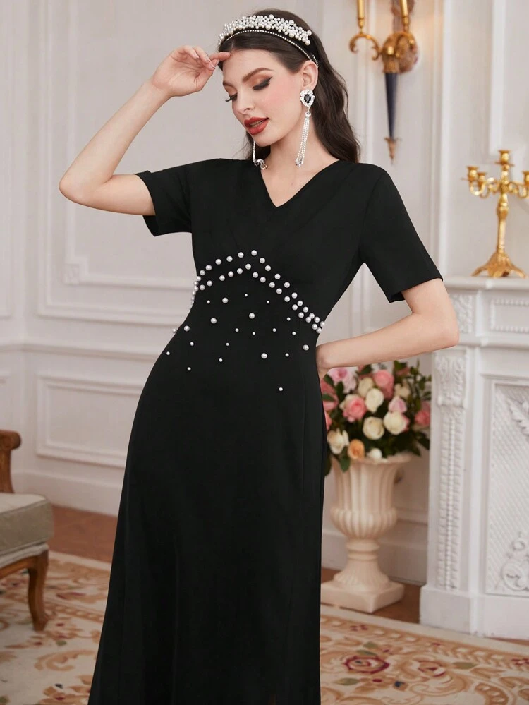 Women's Short Sleeve V-Neck Dress With Pearl Beaded Details