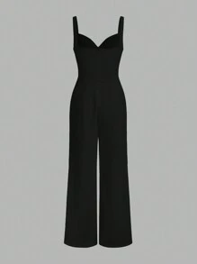 SHEIN Privé 女用蕾絲拼接百褶連身褲 - 黑色 - 查看 3