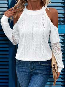 SHEIN LUNE 女士單色露肩對比花邊長袖運動衫 - 白色 - 查看 3