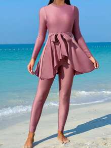 女士無鋼圈純色束腰立領長袖比基尼上衣和下褲