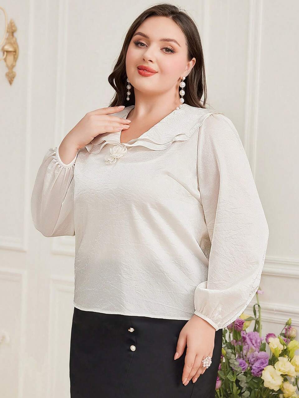 Plus Size Solid Color Peter Pan Collar Shirt