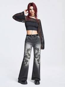 ROMWE Grunge Punk Của phụ nữ Rồng thêu Denim mùa giặt Denim Quần jean - màu đen - Xem 4