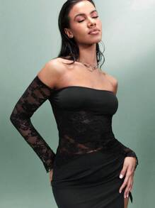 SHEIN BAE Của phụ nữ Đen Off Shoulder Ren Bán tuyệt đối Áo Với Cao Bên Khe Chặt Váy , Thích hợp Cho mùa xuân Và Giải trí Trang phục trên phố - màu đen - Xem 6