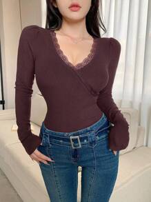 DAZY 女士蕾丝边修身长袖 T 恤、秋季服装、返校服装 - 酒紅色 - 查看 5