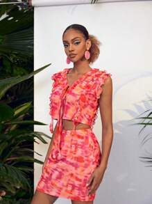 LASSALLE Blusa corta con diseño estampado todo sobre de malla, con volantes y cierre delantero con lazo, para mujer, para verano, vacaciones, salir, festival