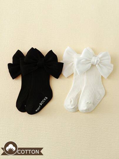 2雙寶寶女孩中筒絲質蝴蝶結公主襪,適用於春季和夏季