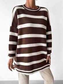 SHEIN Cottnline Striped Pattern Drop Shoulder Sweater - Black - View 4