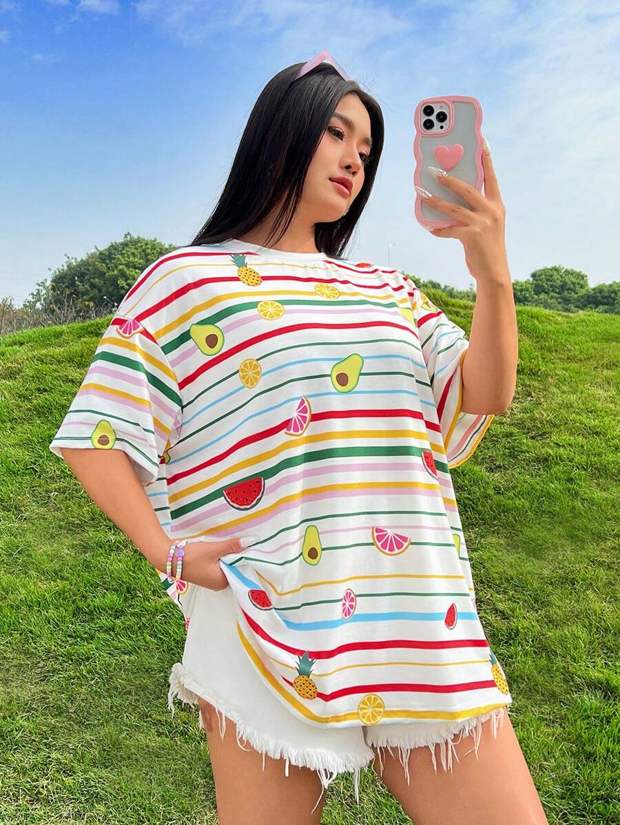 SHEIN Qutie Plus Size Women's Loose Fit Striped Summer Tee With Printed Design