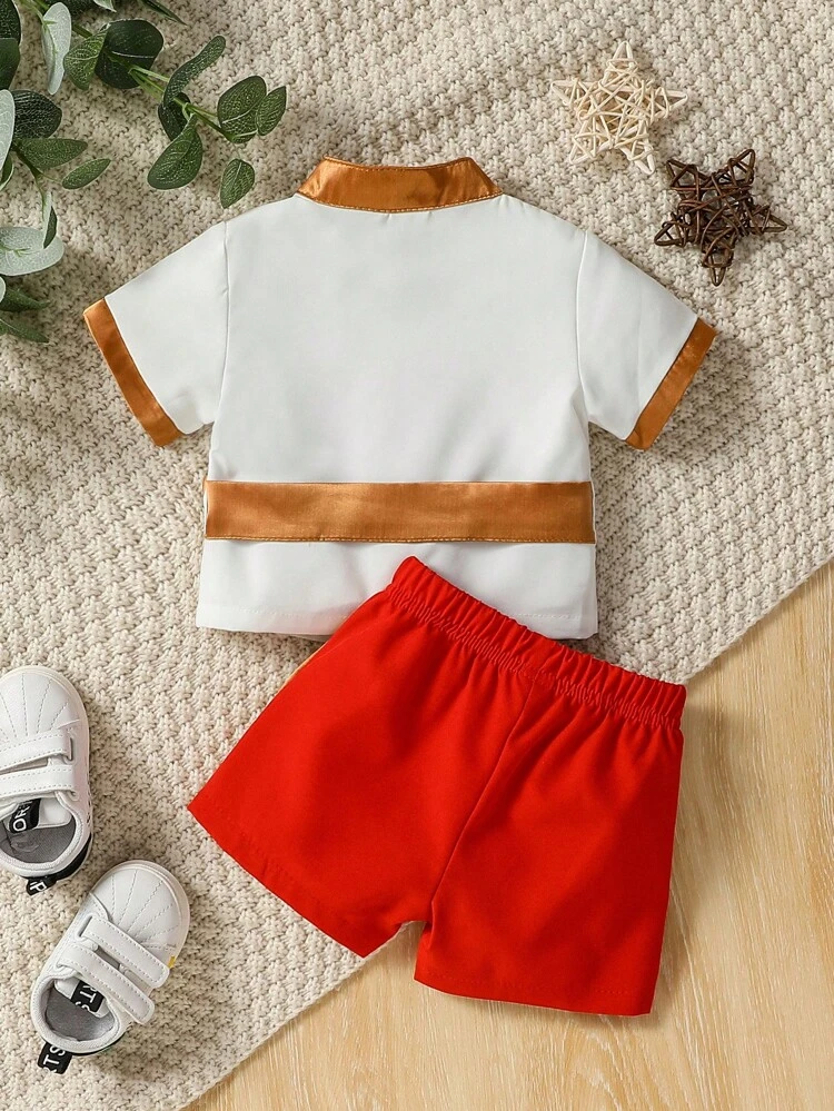 Newborn Baby Boy's Gentleman Style Outfit With Stand Collar Metal Contrast Color Tie Shirt & Shorts, Cute & Fashionable Party Style