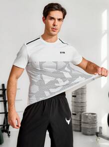 Manfinity Sport Corelite Boyfriend Style Men's Polka Dot And Letter Pattern Short-Sleeved Sport T-Shirt , Graphic , Running , Active Wear , Plain Workout Tops Gym Top Breathable Fitted Shirt Crew Neck - White - View 6