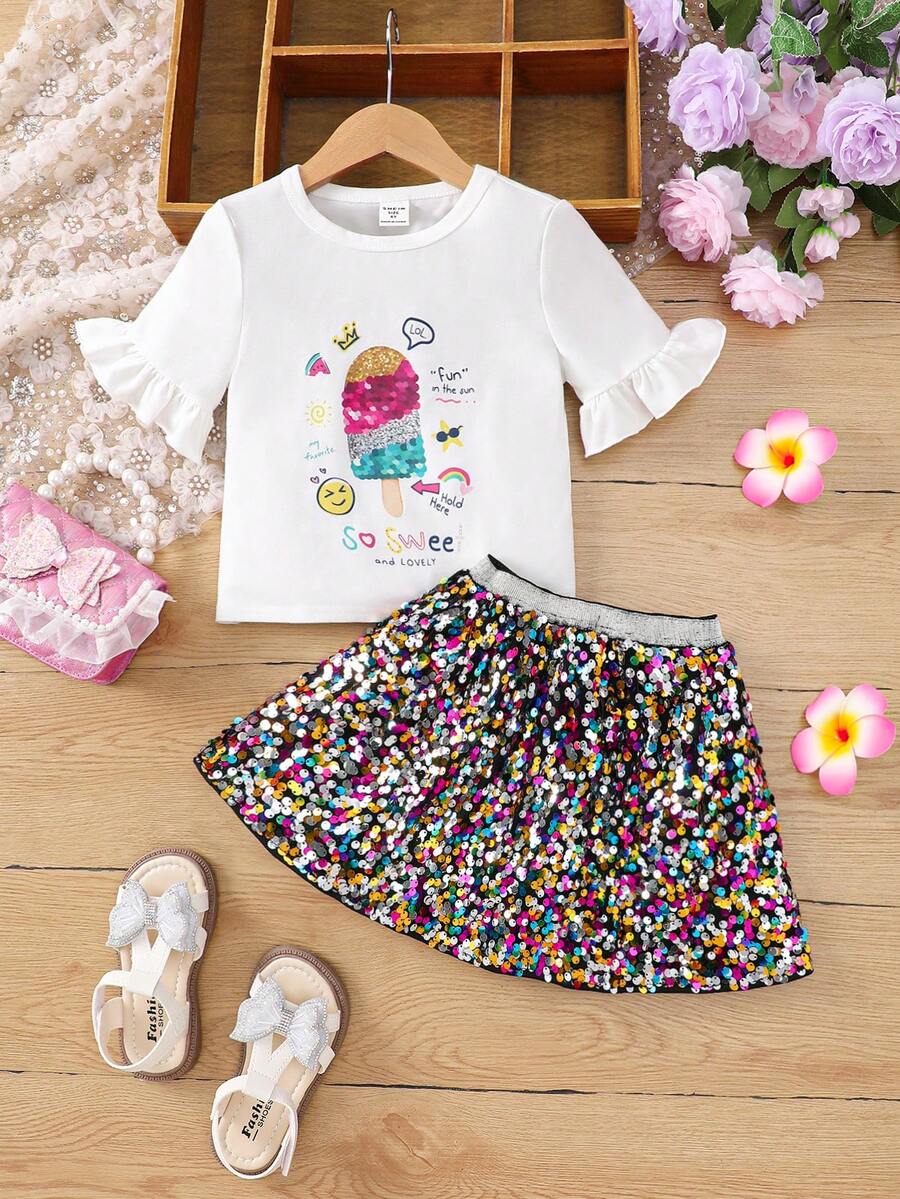 SHEIN Cô Gái Trẻ Hoạt hình In Vòng cổ Lỏng lẻo Áo thun Với Dệt Hạt Lỏng lẻo Váy Bộ - Nhiều màu - Xem 1