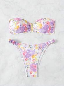 SHEIN Swim 夏季海滩女士两件套比基尼套装，花卉印花荷叶边，假日海滩泳装狂欢节 - 彩色 - 查看 7