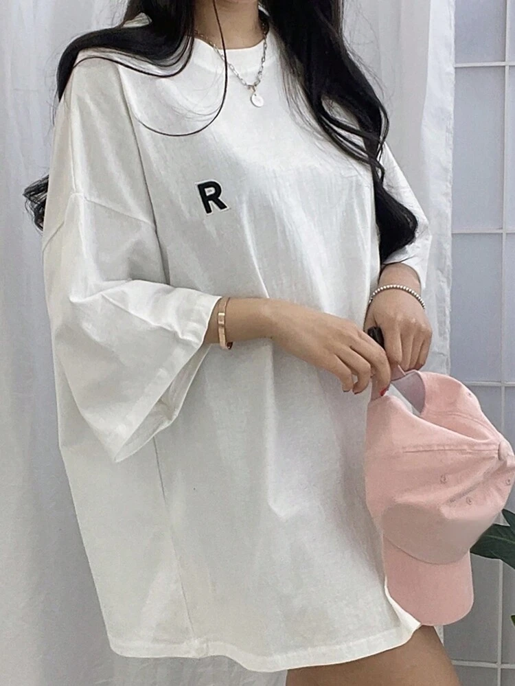 Women'S Round Neck T-Shirt With Letter Print Oversized Tshirt Summer Preppy Tops