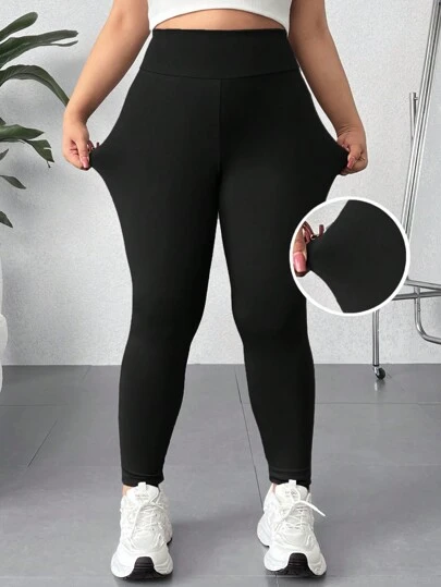 SHEIN EZwear Plus Size Solid Color Elastic High Waist Leggings