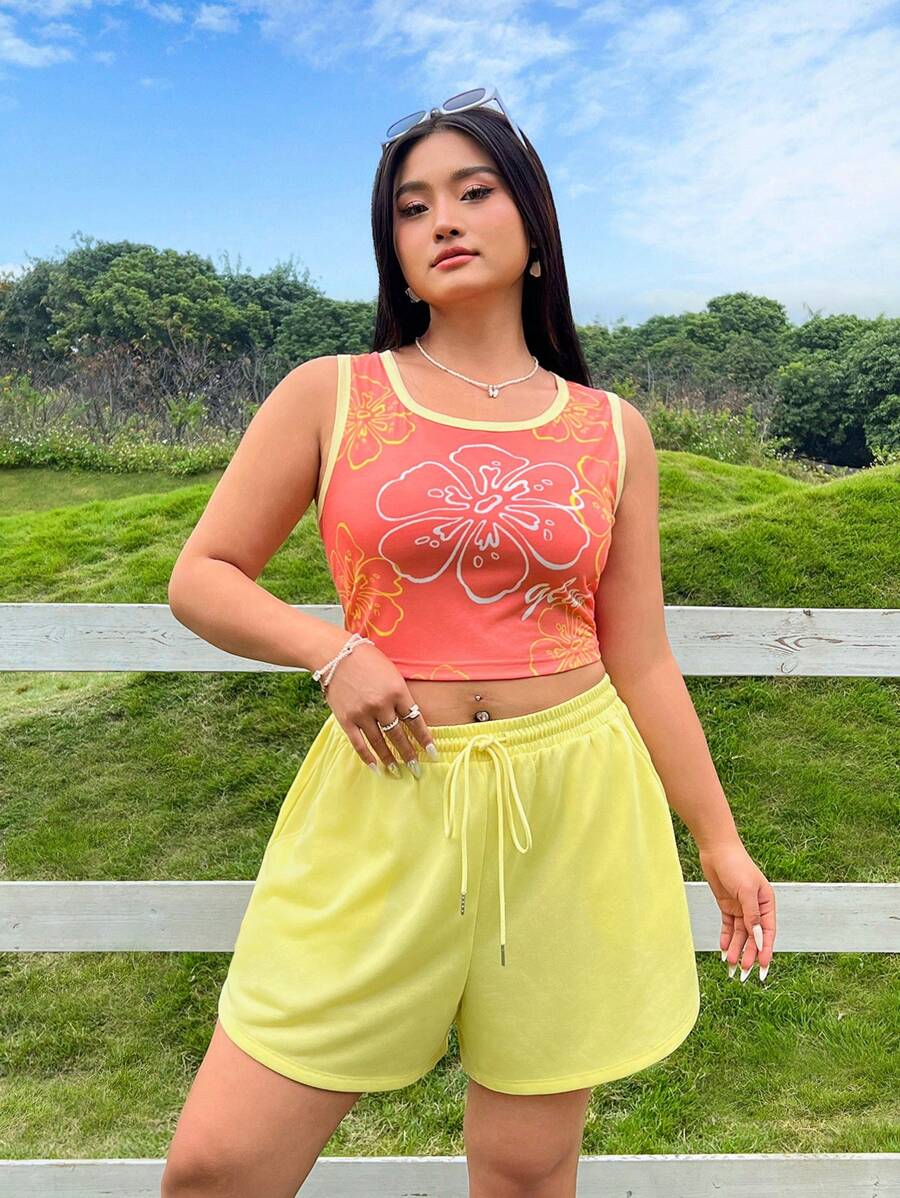 SHEIN Qutie Plus Size Women's Orange Flower Printed Tank Top And Yellow Drawstring Waist Shorts Set - Multicolor - View 1