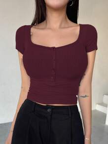 DAZY 女式纽扣半开襟短款T恤学院风上衣 - 酒紅色 - 查看 5