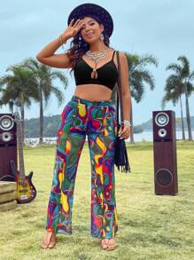 SHEIN Holidaya Pantalon Évasé De Style Festival De Musique Boho À Tie-dye Pour Femmes De Grande Taille - Multicolore - Voir 5