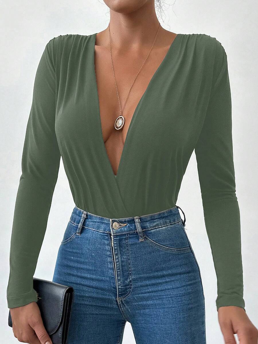 EURMUSE Solid Plunging Neck Bodysuit - Green - View 1