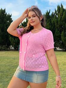 SHEIN Qutie Plus Size Women's Short Sleeve Cute Pink Cardigan For Spring - Baby Pink - View 5
