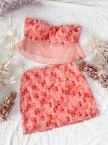 Soleia Women Two-piece Outfits Appliques Kontras Mesh Lettuce Trim Bunga Seksi - Berwarna merah muda - View 1