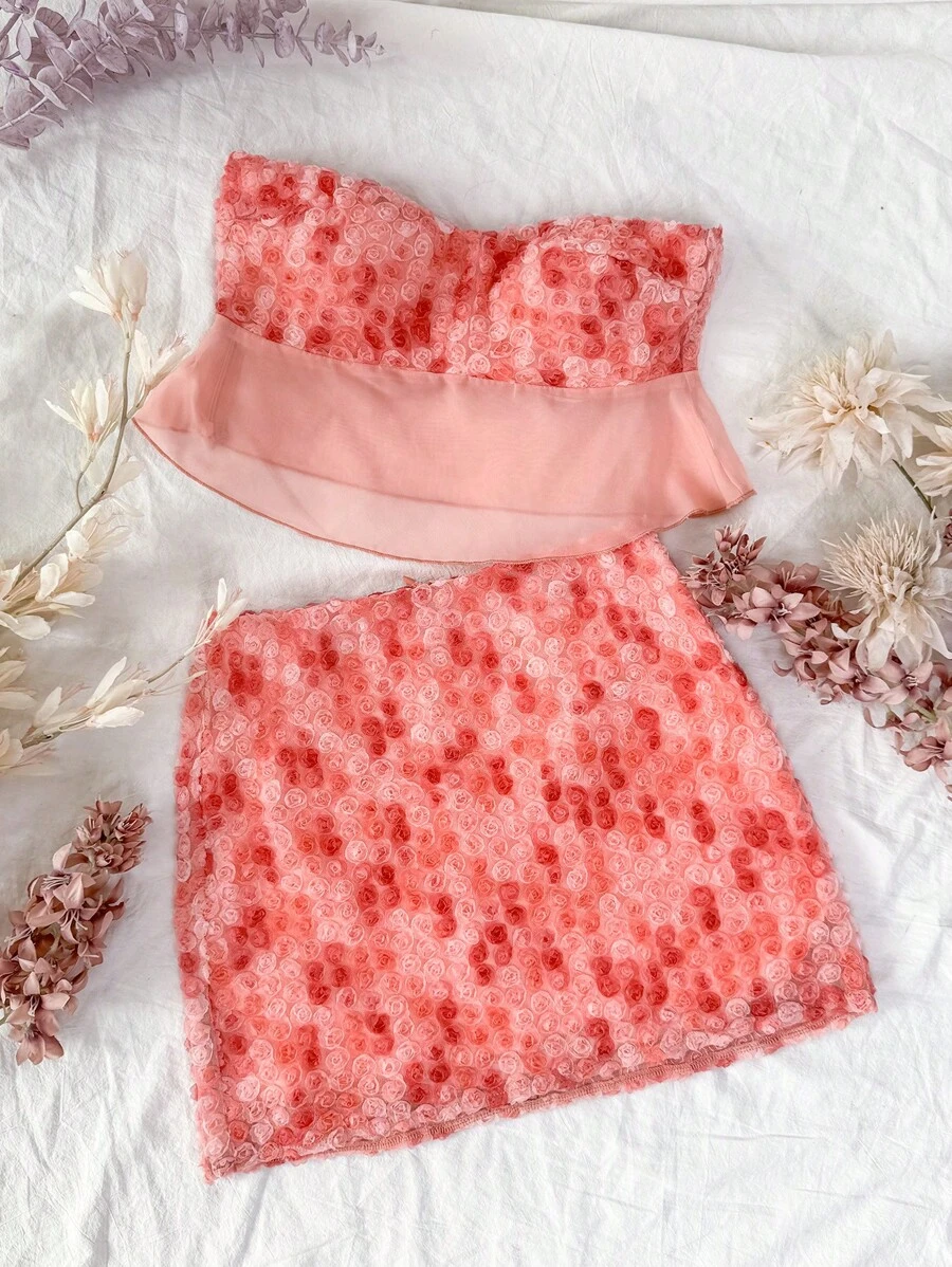 Soleia Women Two-piece Outfits Appliques Kontras Mesh Lettuce Trim Bunga Seksi - Berwarna merah muda - View 1