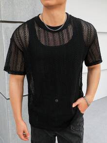 Manfinity Fever City 男士夏季休閒純色中空短袖T恤 - 黑色 - 查看 4