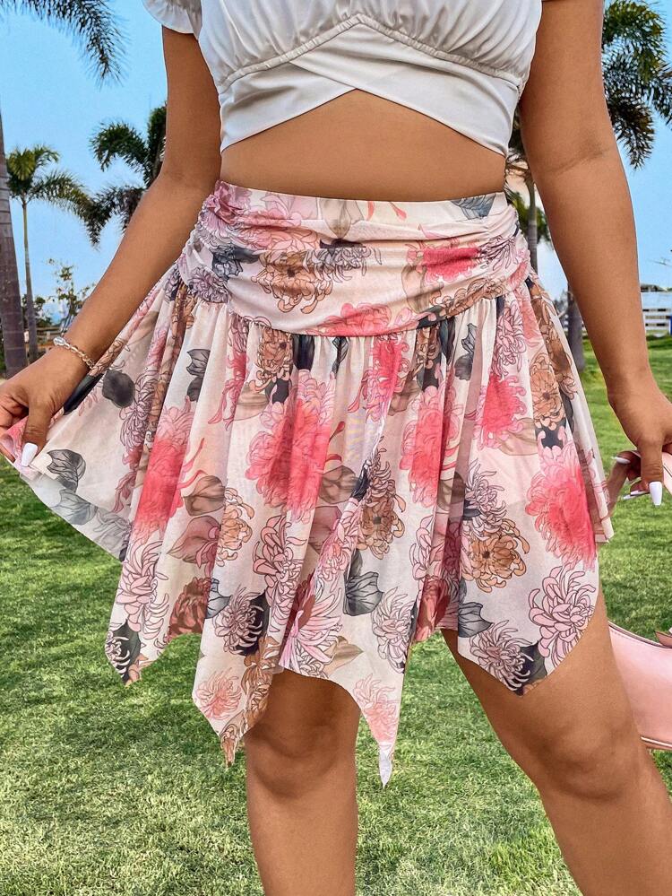 Plus Size Full Print Asymmetric Hem Skirt