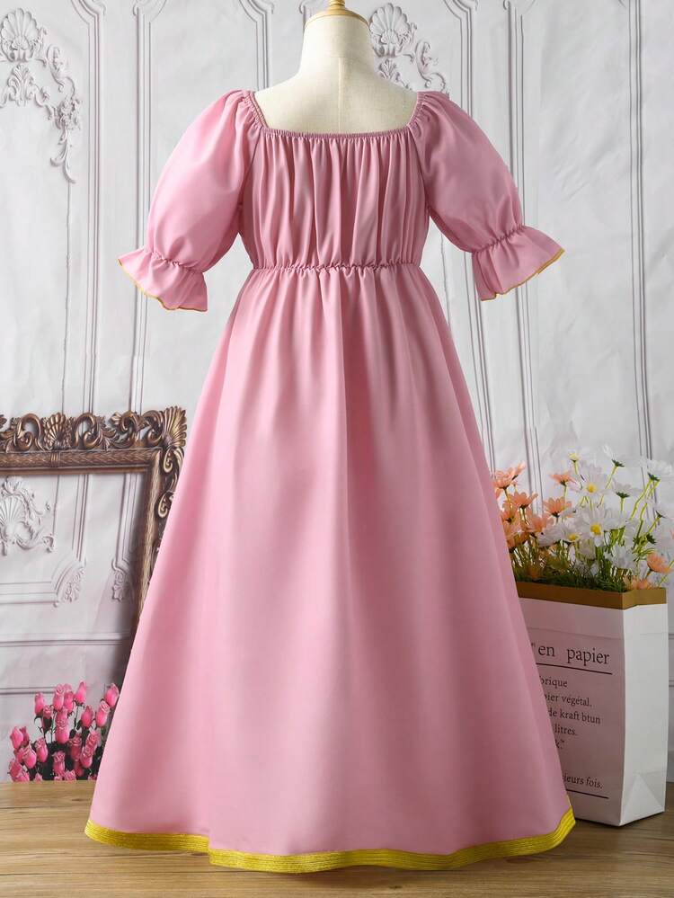 Tween Girl's Printed Tape Patchwork Short Sleeve Dress