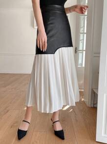 DAZY Women's Colorblock Pleated Skirt With Ruffles Hem,Fall Clothes Winter Women Skirts - Black and White - View 4