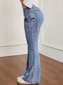 SHEIN ICON 休闲侧条纹工装口袋牛仔喇叭裤 - 淺色水洗藍 - 查看 3