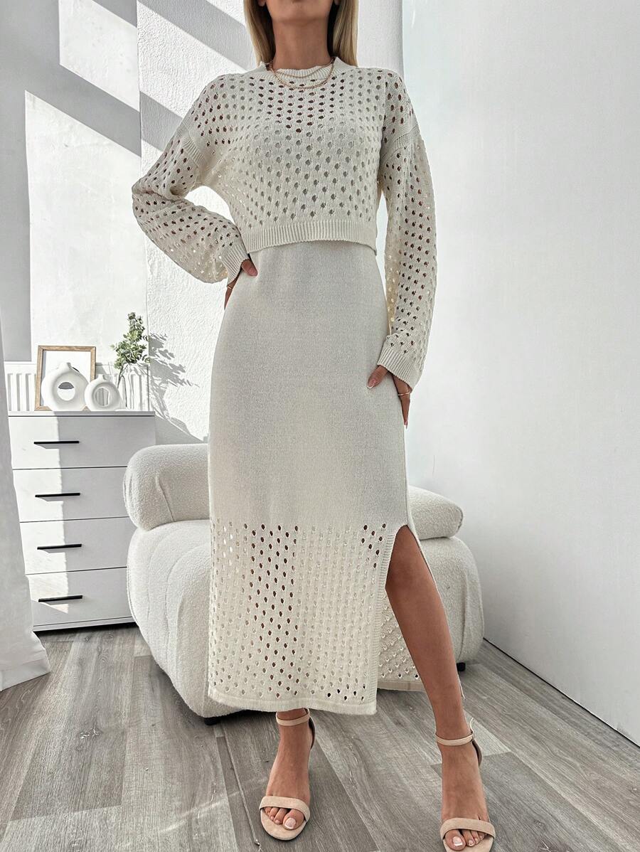 EURMUSE Solid Color Hollow Out Knitted Sweater And Split Hem Dress - White - View 1
