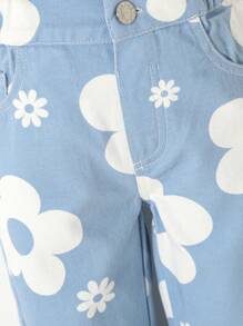 SHEIN Vaqueros De Mezclilla Lavada Suave Con Estampado De Flores Para Niñas Jóvenes