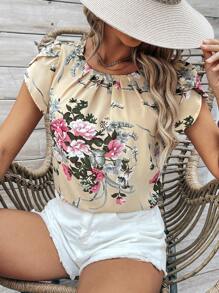 SHEIN LUNE 女士印花荷葉領襯衫