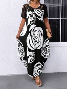 SHEIN LUNE 大尺碼女性花卉印花接合蕾絲短袖連衣裙 - 黑與白 - 查看 3