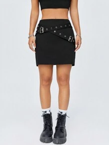 SHEIN EZwear Ladies' Fashionable Double Belted Skirt - Black - View 1