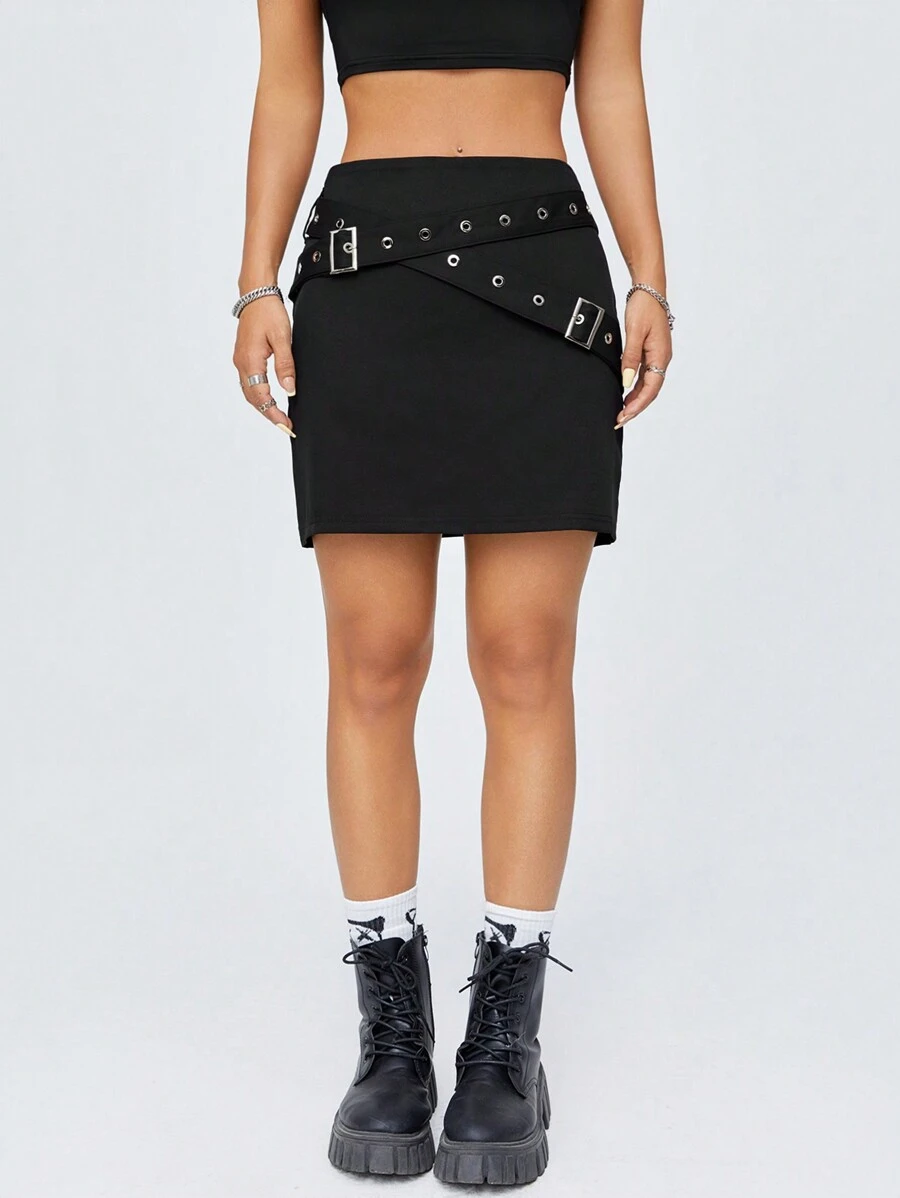 SHEIN EZwear Ladies' Fashionable Double Belted Skirt - Black - View 1
