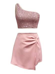 Bộ 2 món áo sequin hở vai gợi cảm cho nữ + váy/quần short viền bất đối xứng, thời trang cho sinh nhật, tiệc ngoài vườn, tiệc chiêu đãi, tuần trăng mật - Hồng - Xem 4