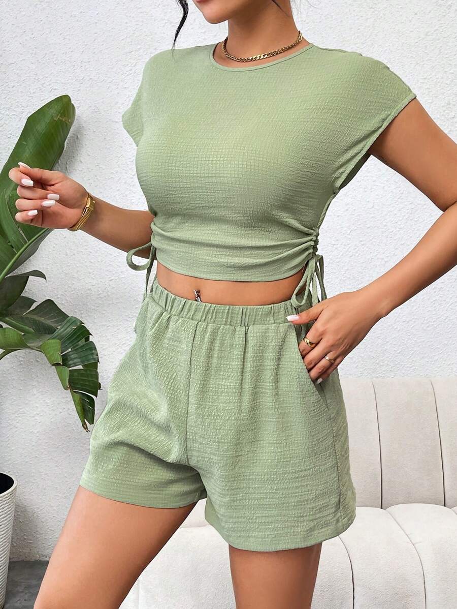 SHEIN Essnce Của phụ nữ Mùa hè giản dị Kỳ nghỉ Textured Chất vải Dây rút Xù Áo Và Túi Quần short Hai chiếc Bộ - Màu xanh Bạc hà - Xem 1