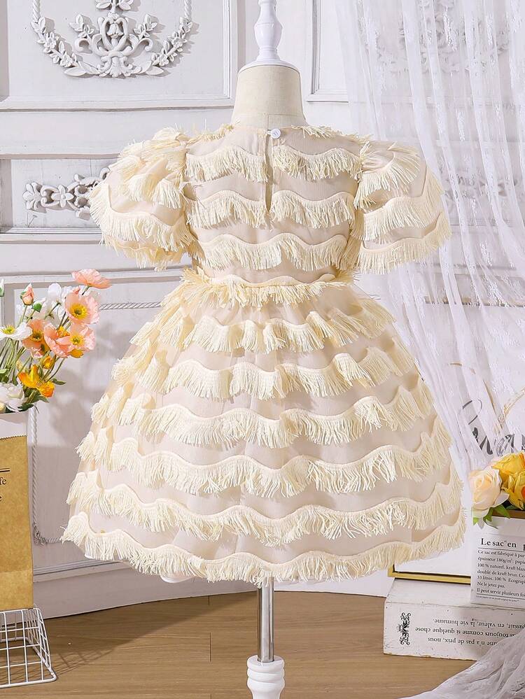 Young Girl's Multilayer Tassel & Bowknot Decoration Puff Sleeve Dress